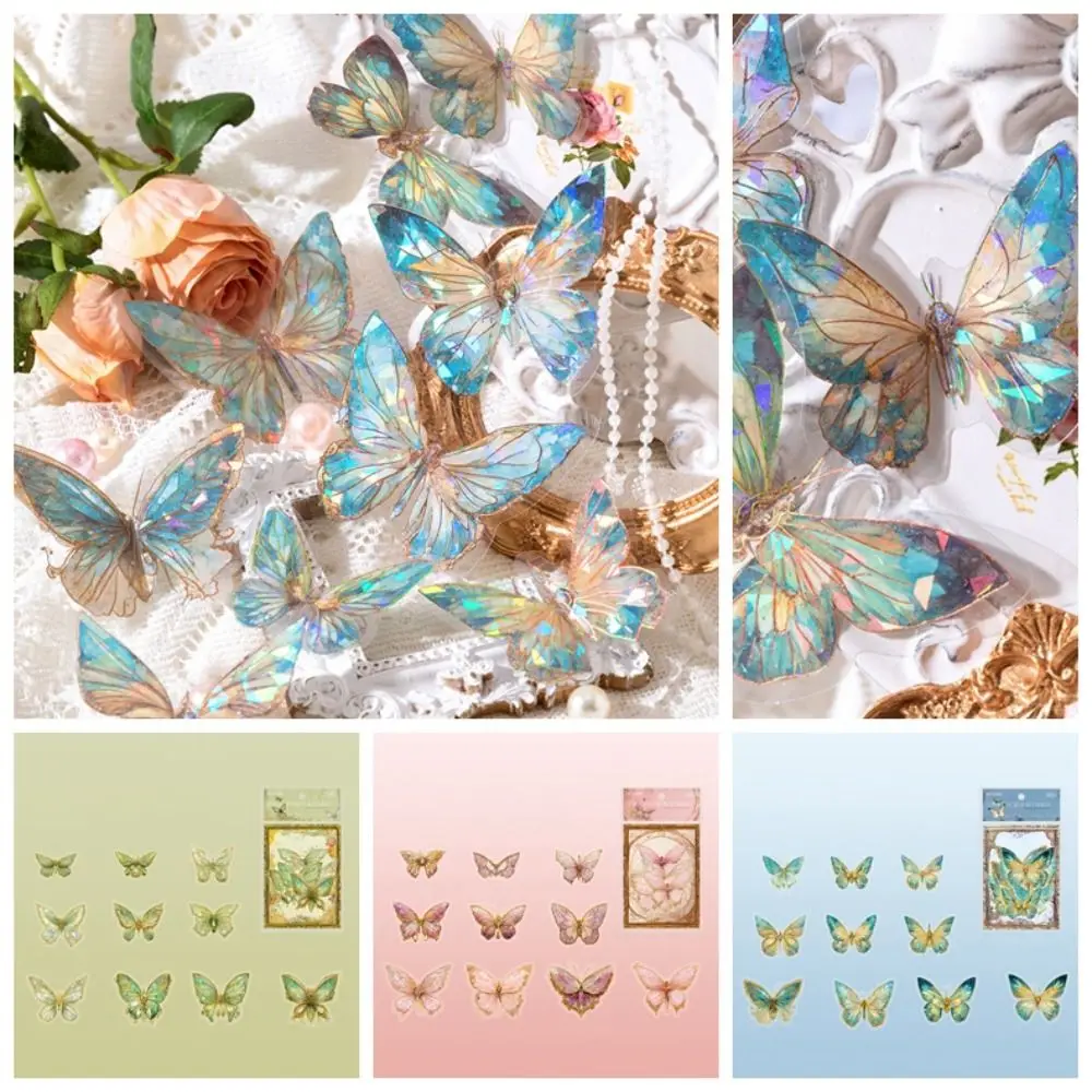 Vintage DIY Crafts Ice Crystal Laser Butterfly Sticker Handmade Aesthetic Butterfly Collage Sticker PET Shiny Hand Account