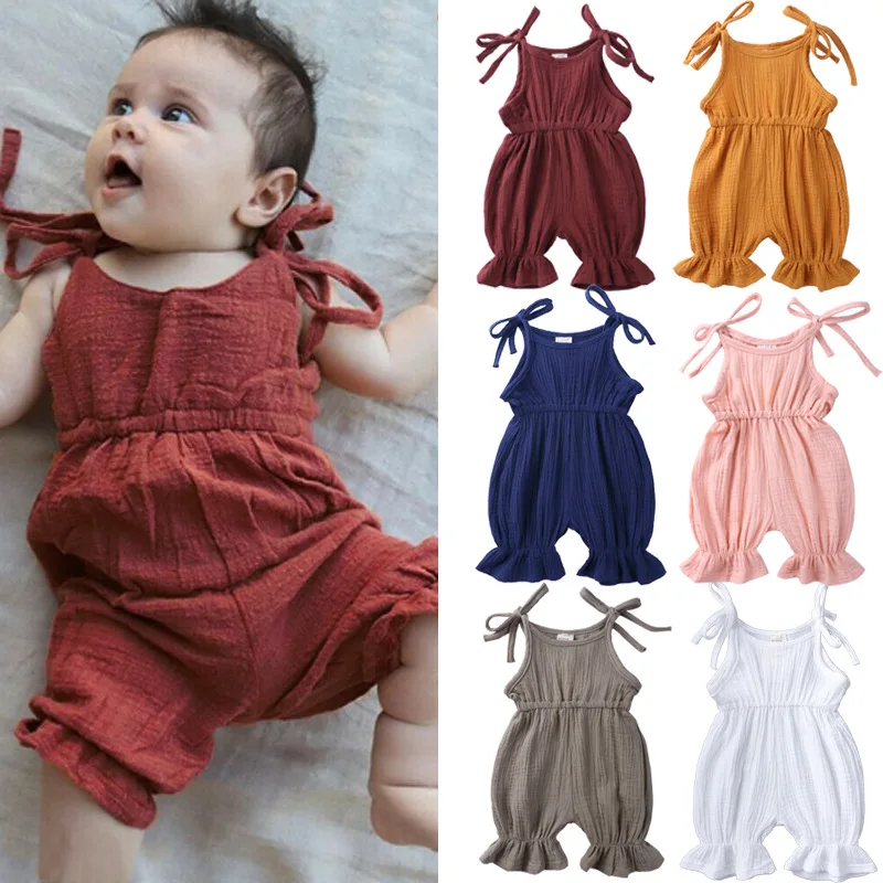 New Summer Newborn Casual Clothes Baby Girls Solid Lace-up Sleeveless Cotton Linen Rompers Infant Toddler Cute Jumpsuit Clothing