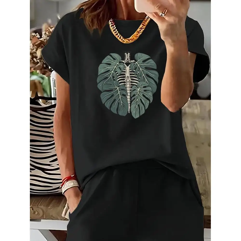 

Женская футболка из чистого хлопка — черная с принтом скелета листьев монстеры с бирюзовым рисунком | Дышащая летняя повседневная уличная одежда | Обычный