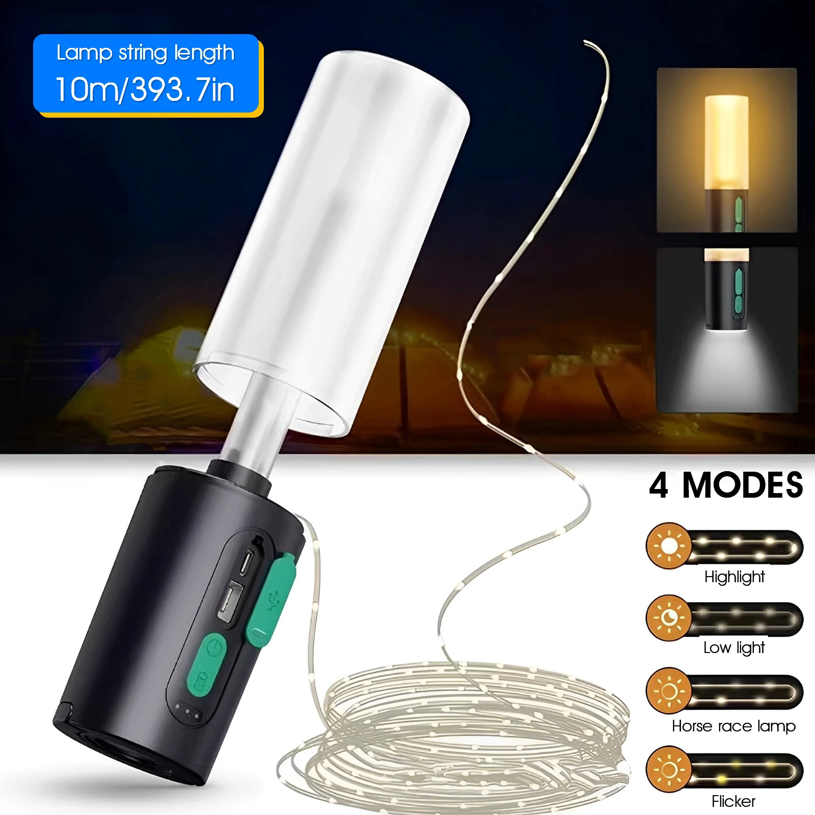 NEW Camping String Lights 33Ft 4 Lighting Modes Camping Lantern with String Light 4000mAh USB Rechargeable Camping Flashlight