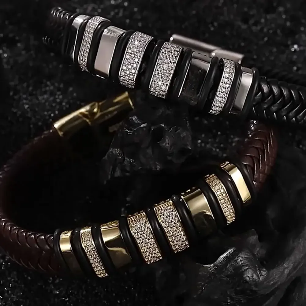 NASIA 8mm Leather Bracelet 100% s925 Sterling Silver Plated 18k Lab Grow Zircon Diamond Luxury Cuban Bracelets for Man