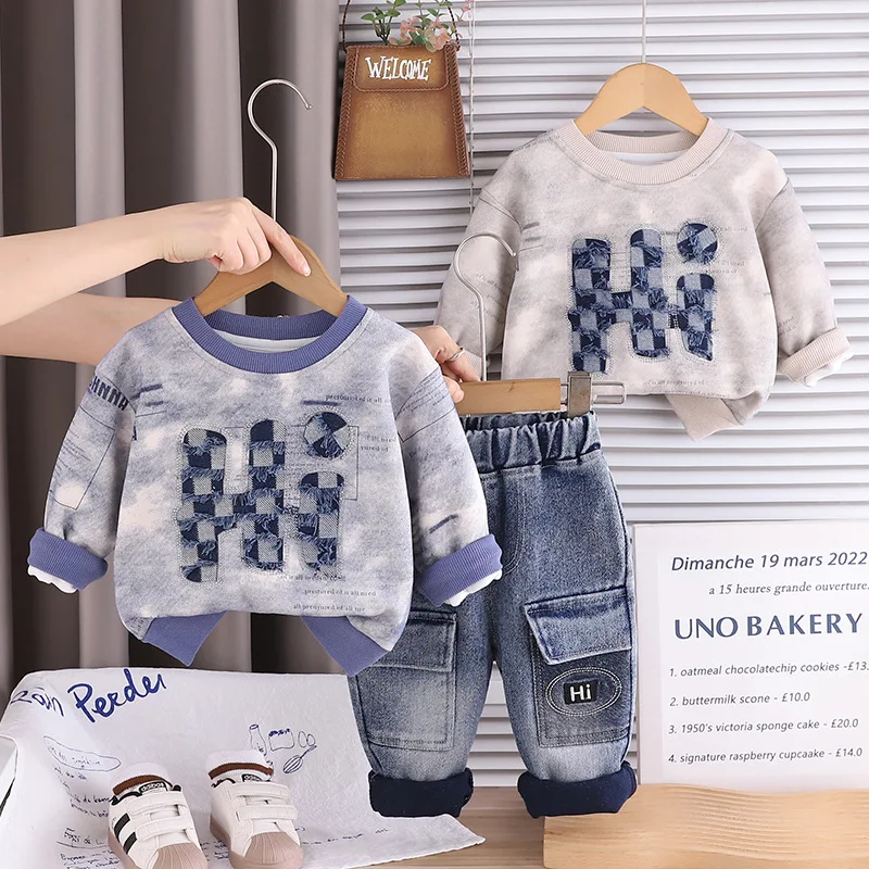 2026 New Boys' Spring-Autumn Clothing Set - 1-5 Years Old Children's Fashion Tie-Dye Letter Long-Sleeved T-shirts and Jeans Set
