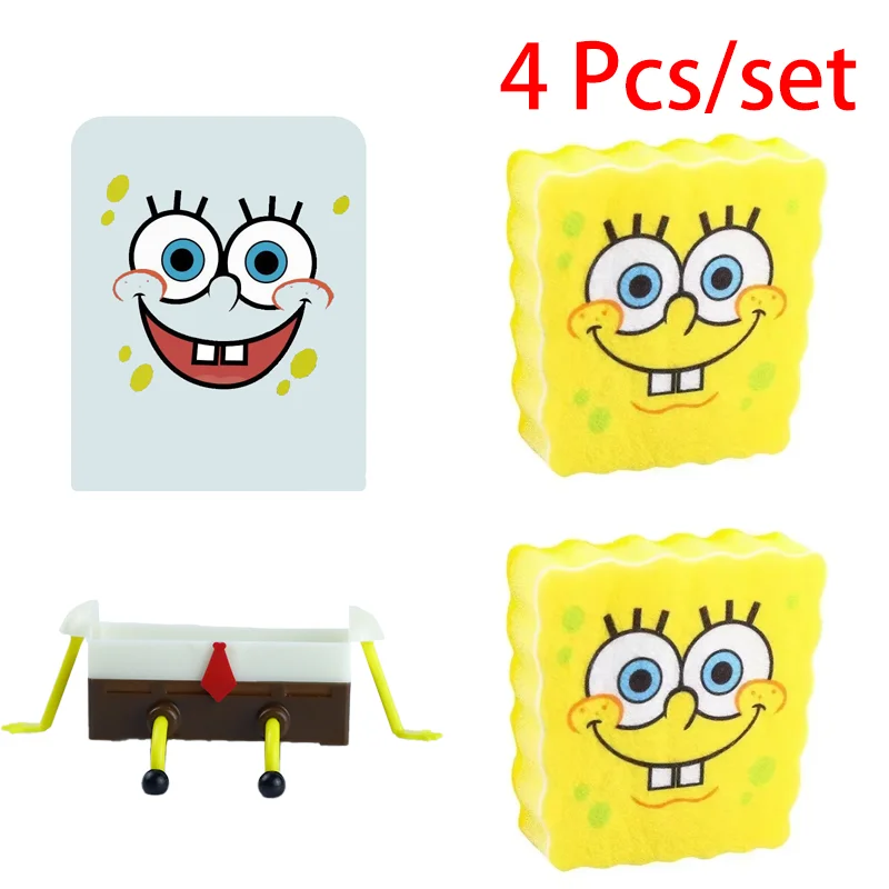 4 buah/set sikat cuci piring SpongeBob, spons perlengkapan dapur rak pengering sikat piring pembersih bantalan gosok dapat digunakan kembali