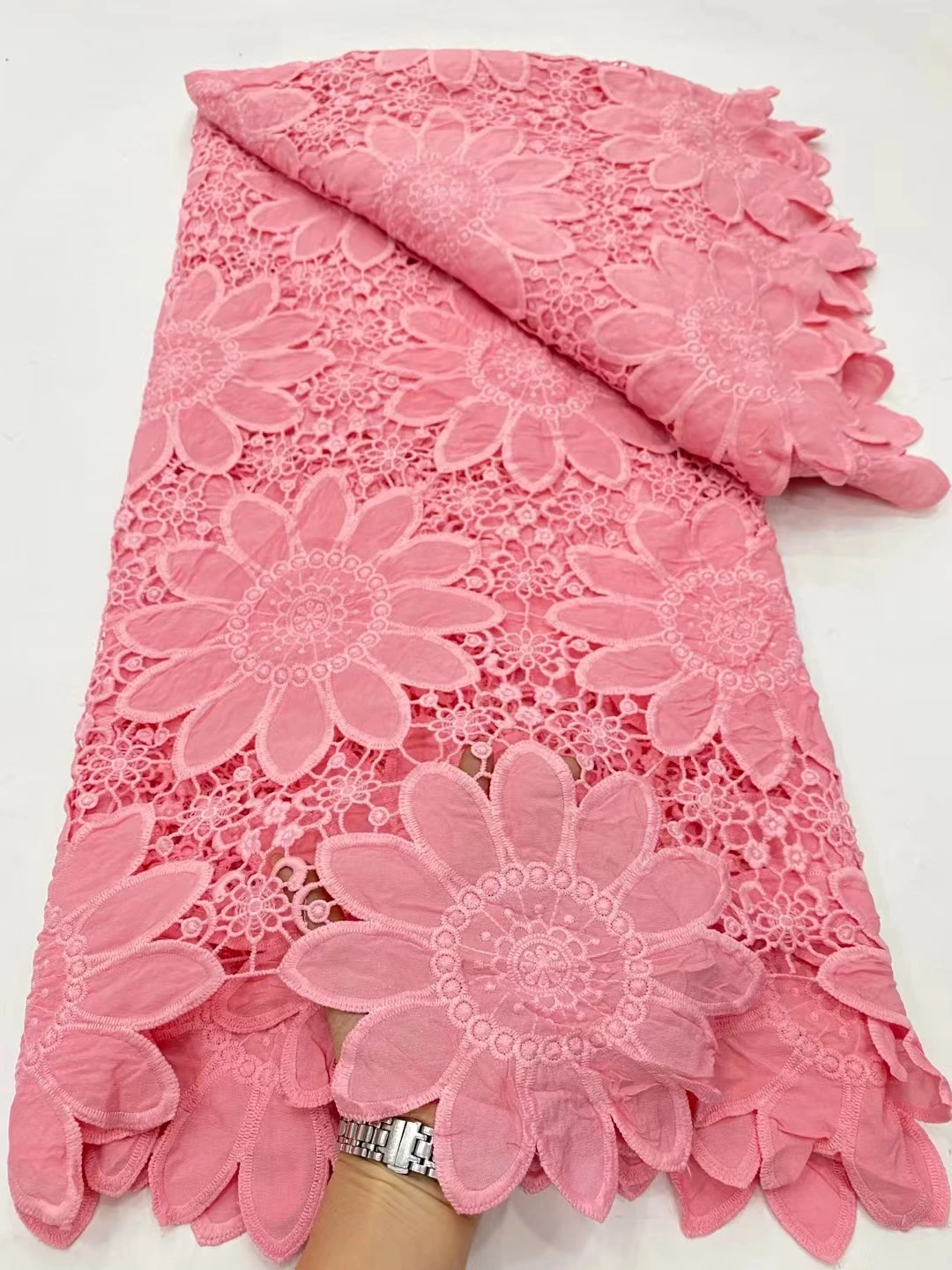 

New Design Pink French Lace Fabric 2024 High Quality African Nigerian Guipure Cord Lace Fabric For Wedding Party Dress KDP24104