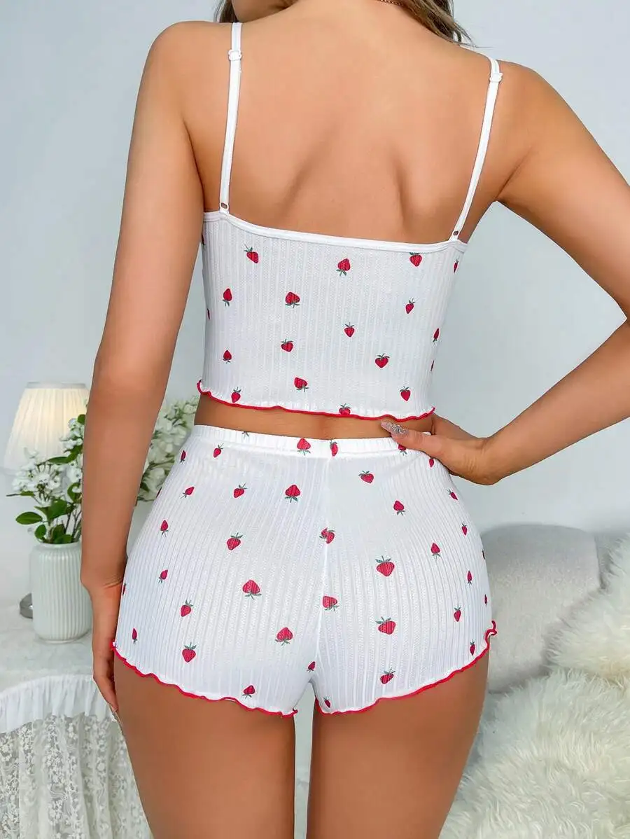 2 PCS Strawberry print Women Pajama Girls Cute Lace Homewear Underwear Thin Casual Night Sleepwear Nightwear Top and Panty Set