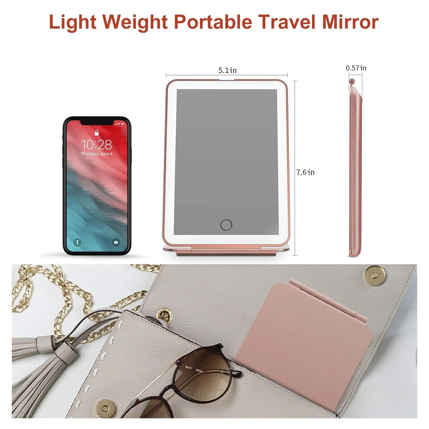 LED Travel Makeup Mirror 3 Colors Light USB Rechargeable Touch Screen Cute Portable Tabletop Cosmetic Mirror Ins PINK Beautiful