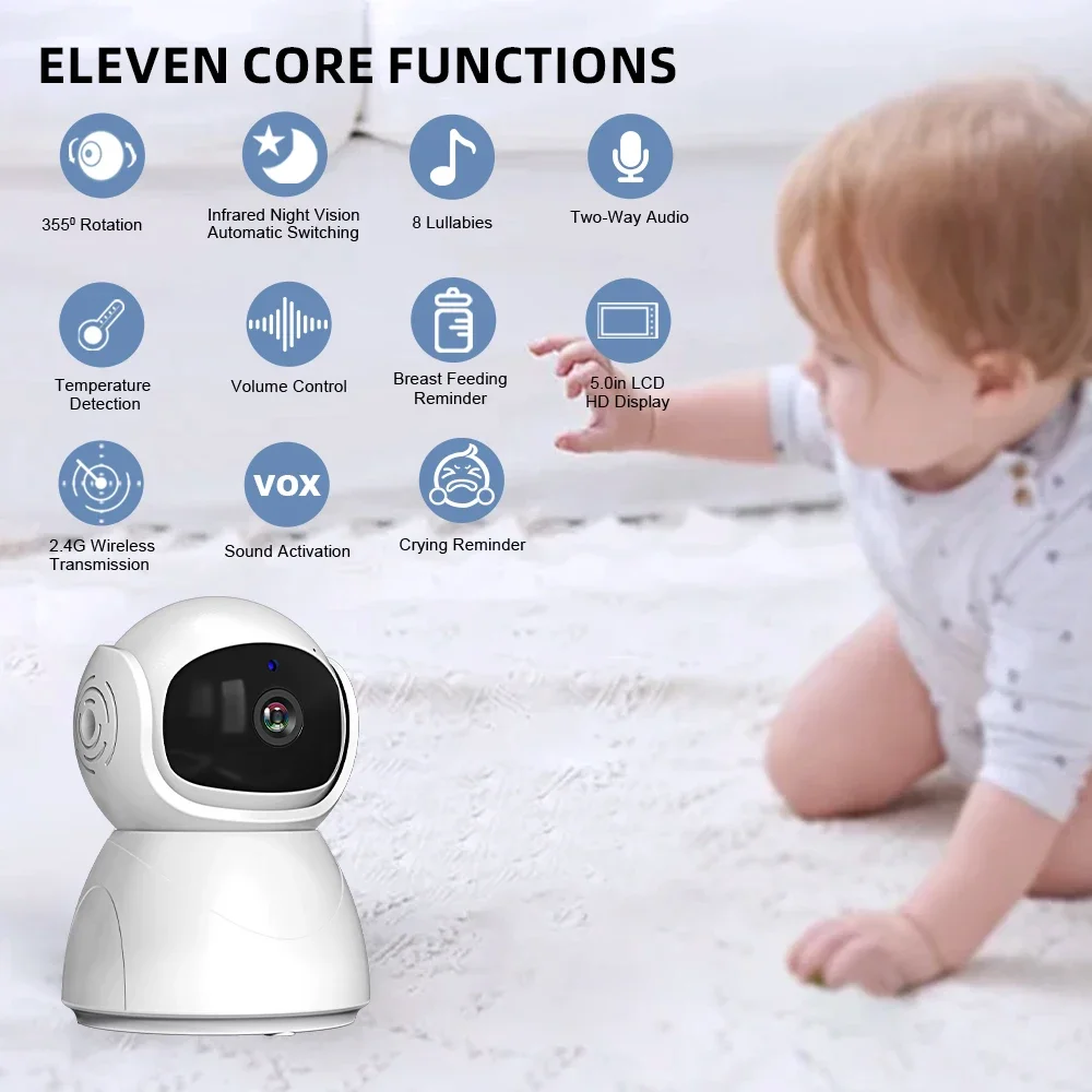 Cdycam Baby Monitor 5.0inch IPS Screen With Nanny PTZ Camera 2-way Audio Lullaby Camera Babysitter Night Vision Security Bracket