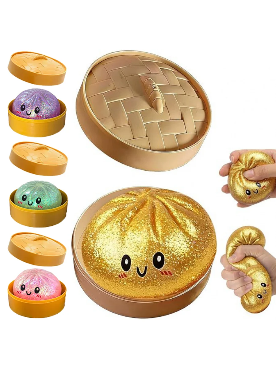 Beliebtes goldfarbenes Dumpling-Squishy-Spielzeug mit Bambus, langsam aufsteigender Stressabbau-Fidget-Ball, weiche Quetschspielzeuge für Erwachsene & Kinder