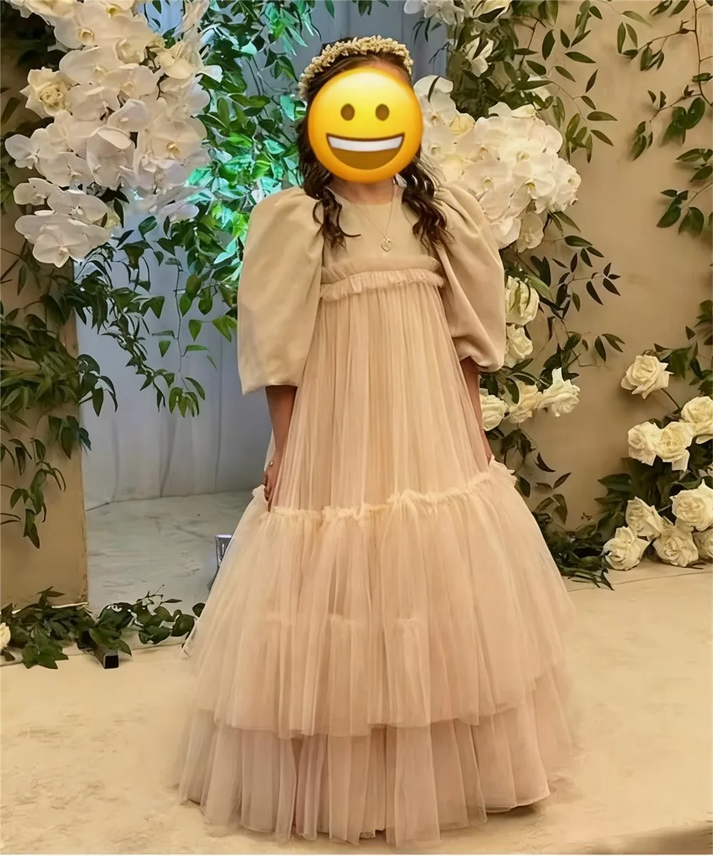 فستان فتاة الزهور مخصص لحفلات الزفاف مطوي تول منتفخ نصف كم فستان حفلة عيد ميلاد للأطفال أول مناولة #1
