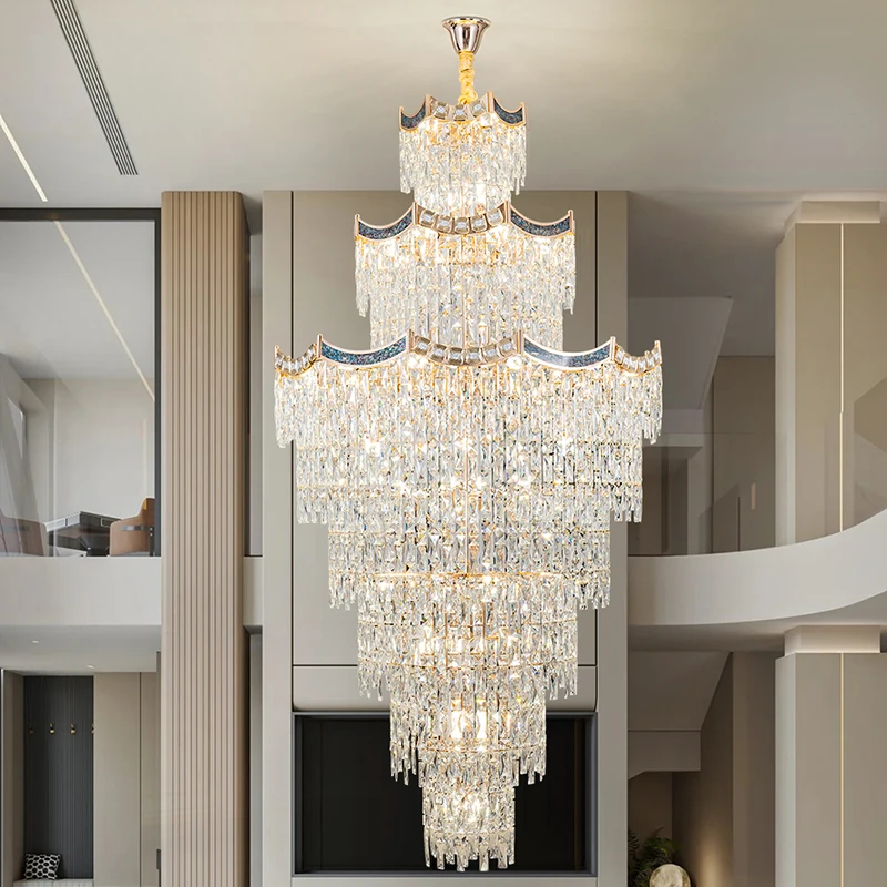 2026 New Model Hot Light Luxury Duplex Large Chandelier Villa Mezzanine Living Room Crystal Chandelier Hollow Large Hall Chandel