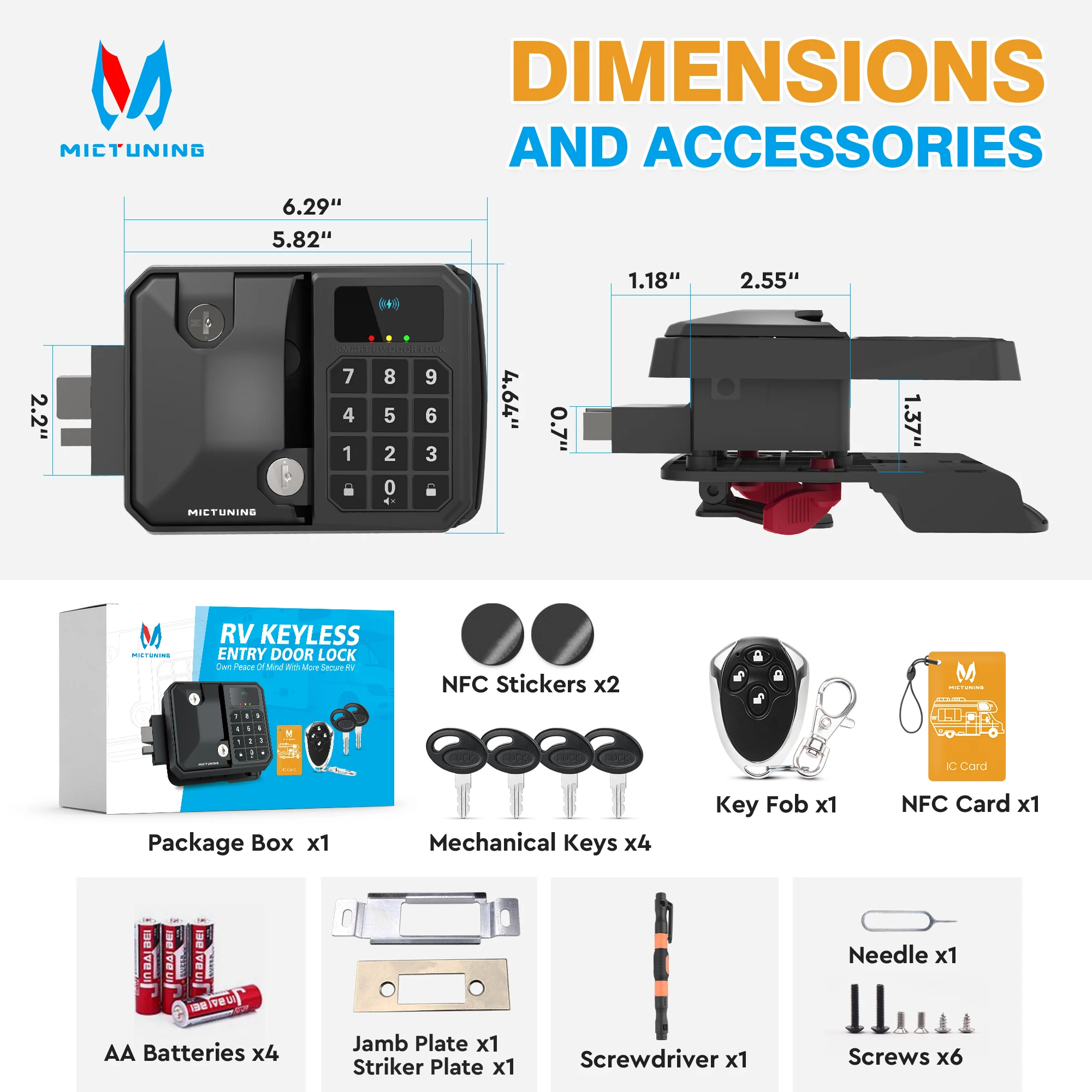 MICTUNING Keyless RV Door Lock, Trailer Entry Latch Bolt - Wireless Key Fob, Password Keypad, NFC & Mechanical Key - RL200