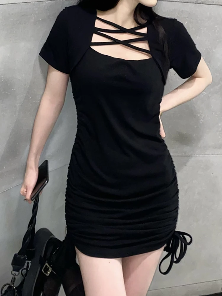 Streetwear Harajuku Diablo Stijl Zwart Mini Jurken Vintage Cross Hollow Out Vierkante Kraag Slim Korte Mouw Gesmokte Jurk