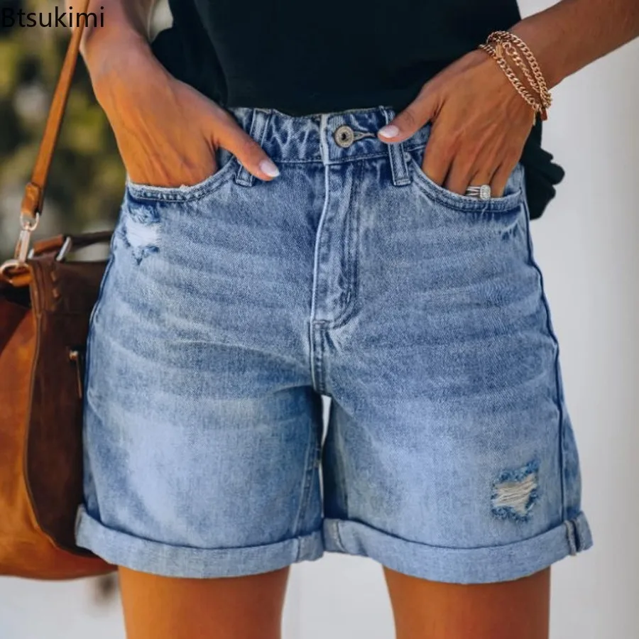 

2025 Female Summer Denims Straight Pants Short Jeans Women Vintage Hole Shorts Washed Distressed Pockets High Waist Streetwear