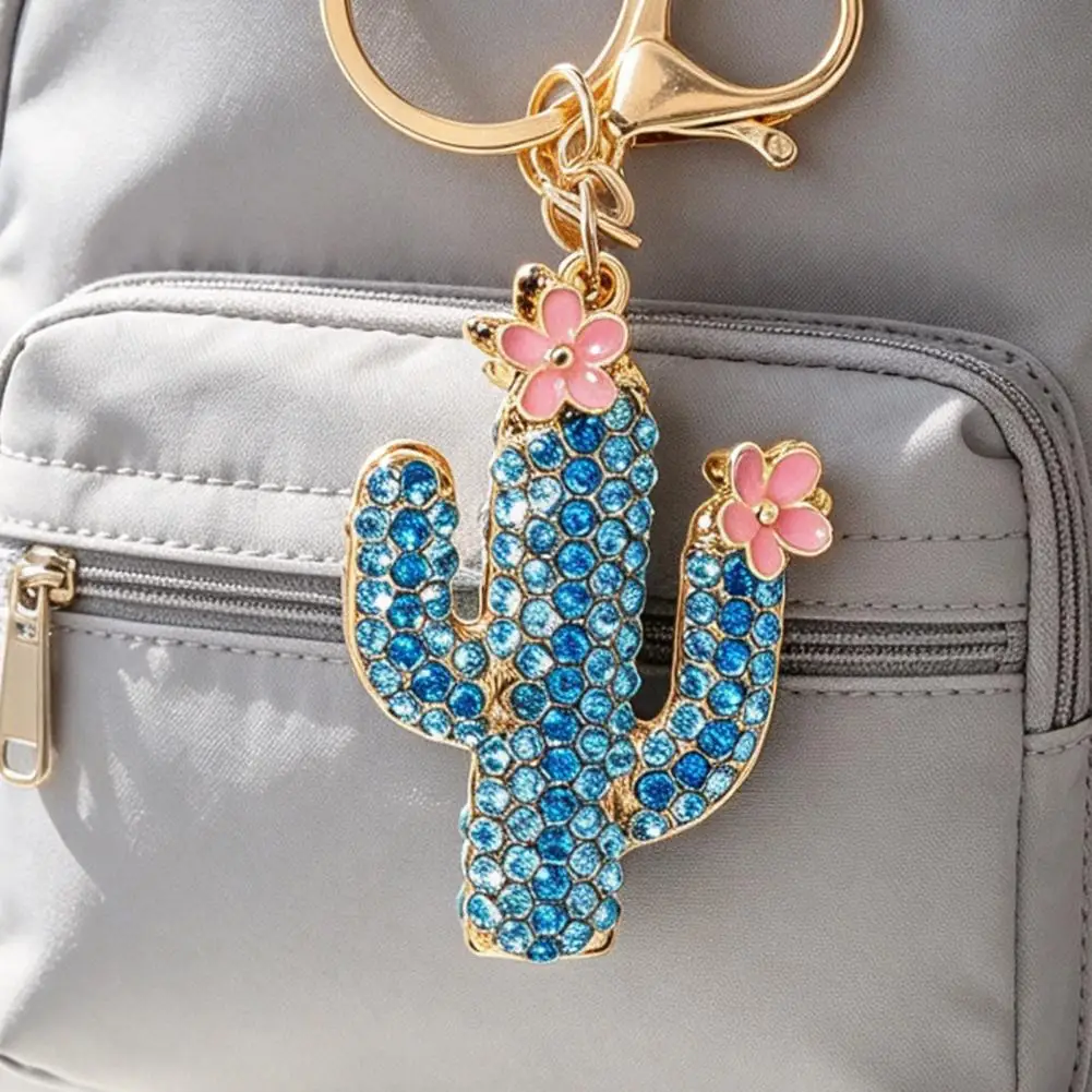 Llavero Colgante de Cactus con Flor Rosa, Llavero de Cactus con Diamantes de Imitación Brillantes para Bolsos, Mochilas y Accesorios de Moda
