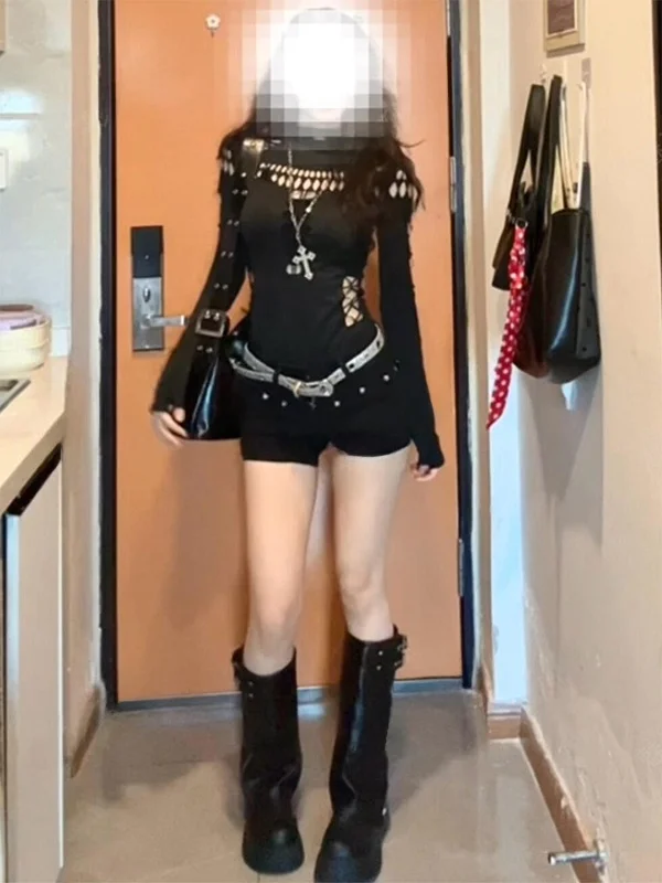 

American Retro Sexy Hollow out Long Sleeve Women's Top Elastic High Waist Short Pants Commute Style Online Exclusive Fashion