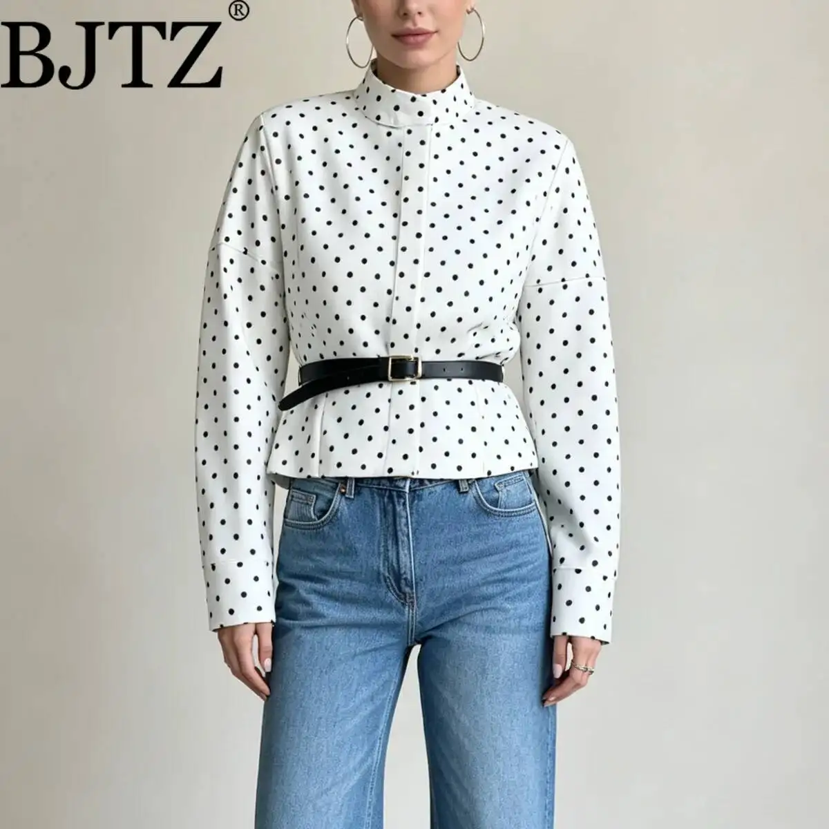 BJTZ 2026 Spring Summer Women Polka Dot Belted Jacket High Neck Long Sleeve Waist Cinched Elegant Casual Outerwear