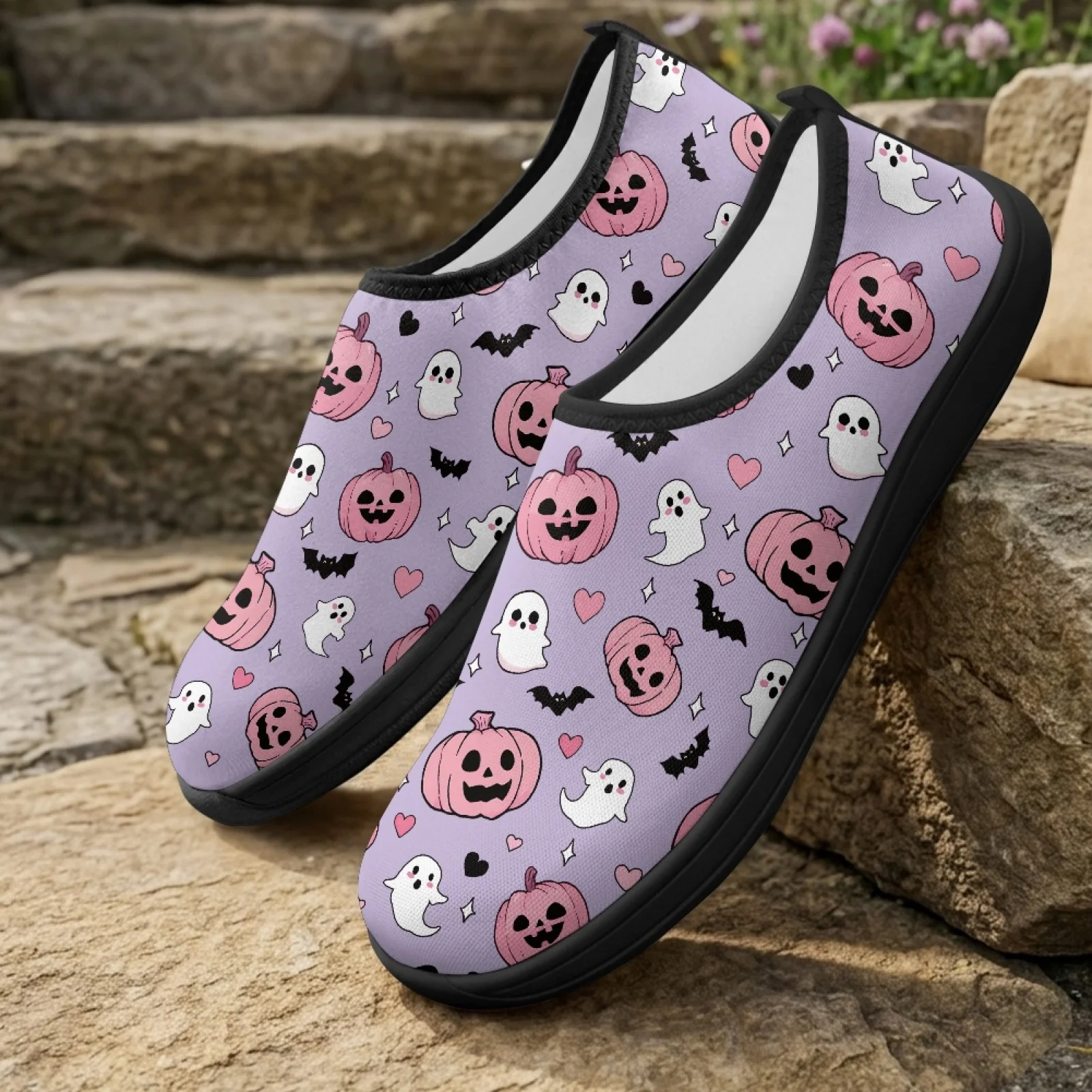 PENSTROLL Ghost Bat Print Workout Gym Shoes Polyester & EVA Sneakers Slip On Casual Flats for Business All Season