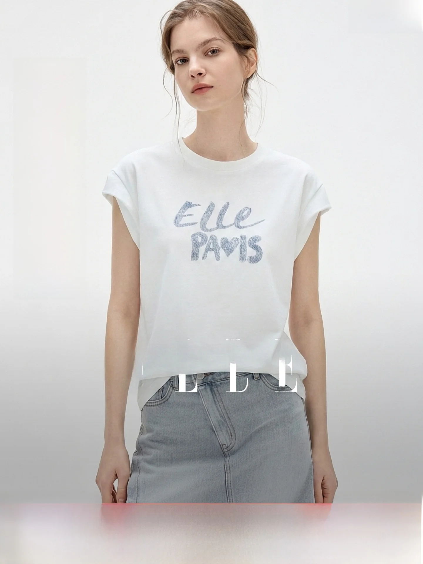 

ELLE Graffiti Letter Print Silk Short Sleeve Women's T-Shirt Summer New Design Sense Waist Belt Top Commute Simple Style