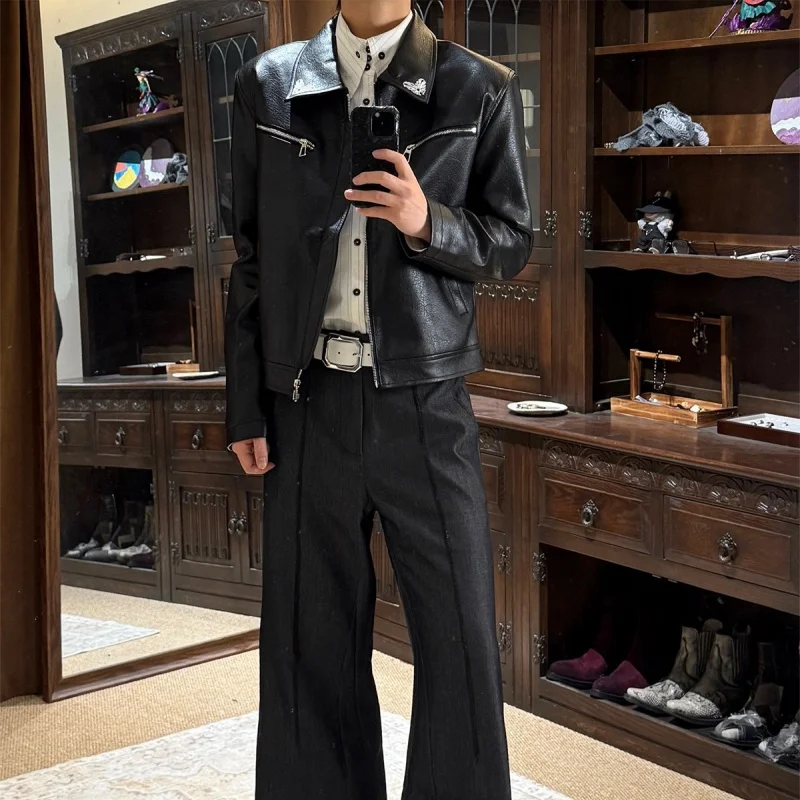 Men's Lapel Faux PU Leather Biker Jacket Cropped Wide Silhouette Embroidery Decor Zipper Pockets Streetwear Casual for Autumn