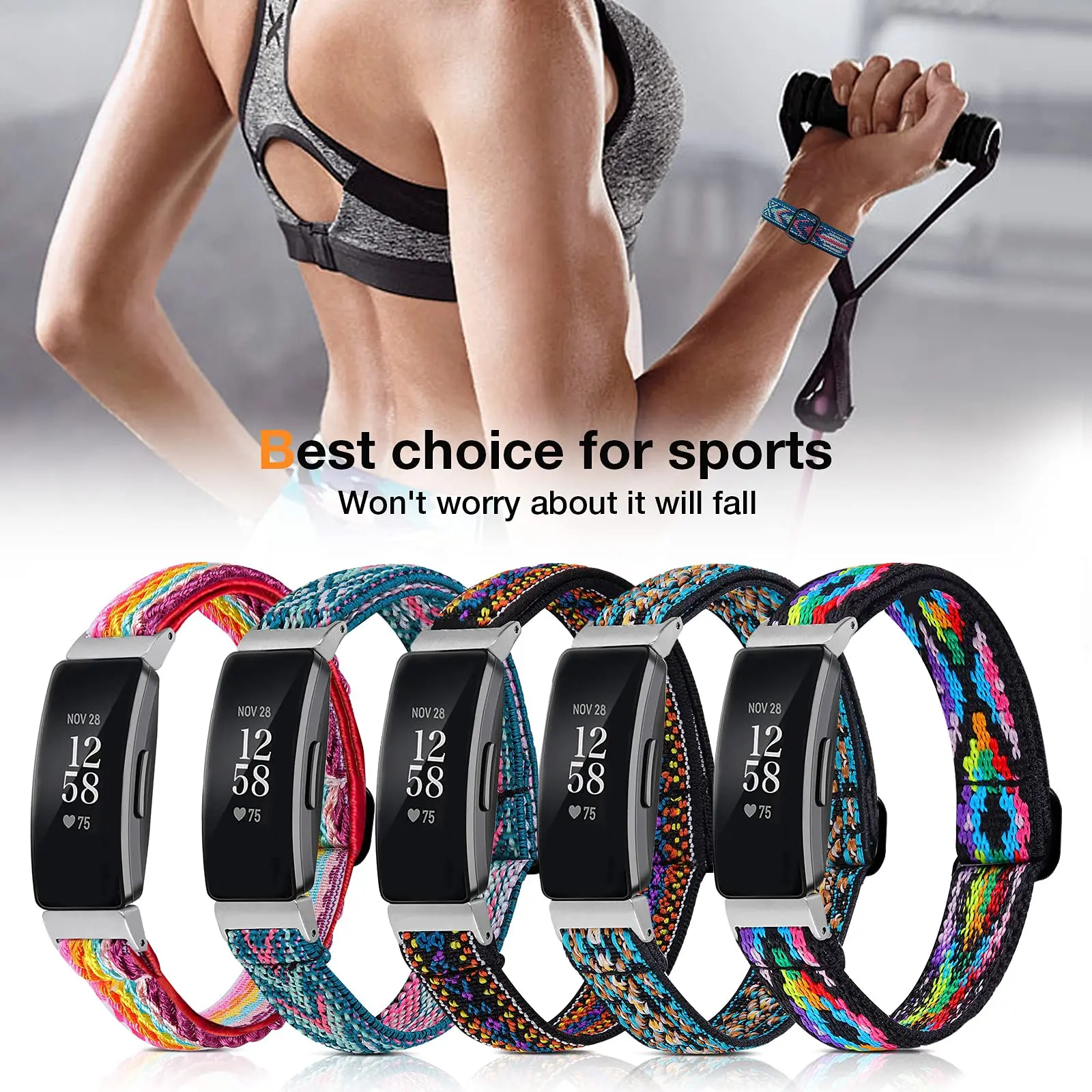 2pcs Nylon Strap for Fitbit Inspire 2 /Inspire Bands/Inspire HR ,Elastic Sport Breathable Wristband Strap for Inspire 3/2/HR/Ace