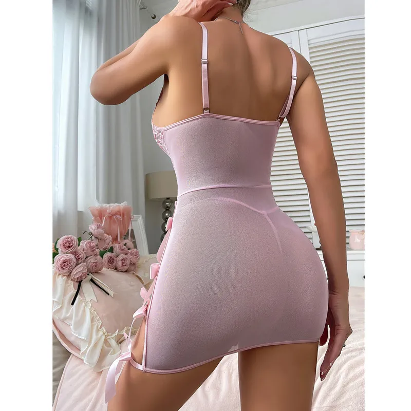 Set Lingerie Wanita Seksi Terbaru dengan Panel Renda Transparan, Termasuk Thong, Gaun Tidur Ringan, dan Rok Ketat Berpita, Produk Laris