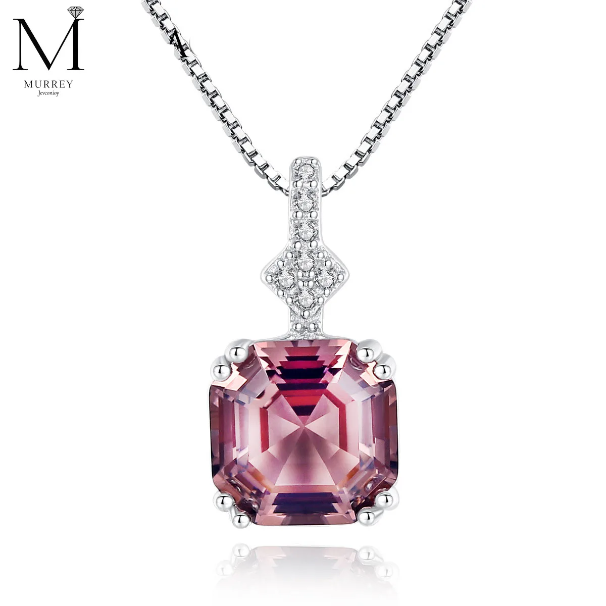 

Pure 925 Sterling Silver Necklace Box Chain Trendy Square Cut Cubic Zirconia Morganite Natural Stone Pendant Fine Jewelry