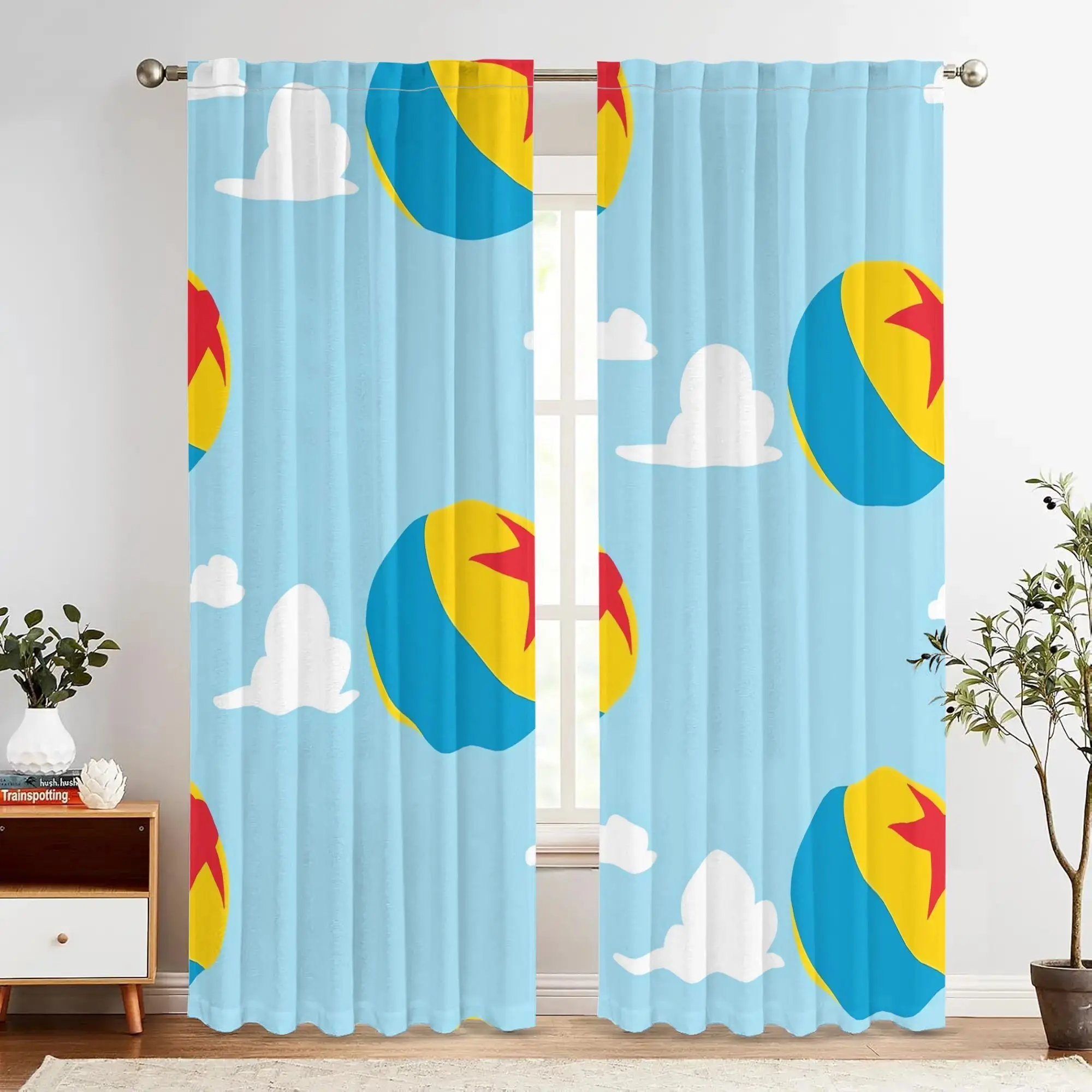 Beach Ball Curtain, Summer Ocean Blue Window Drape, Cute Cloud Pattern Blackout Panel, Kids Bathroom Nursery Home Decor