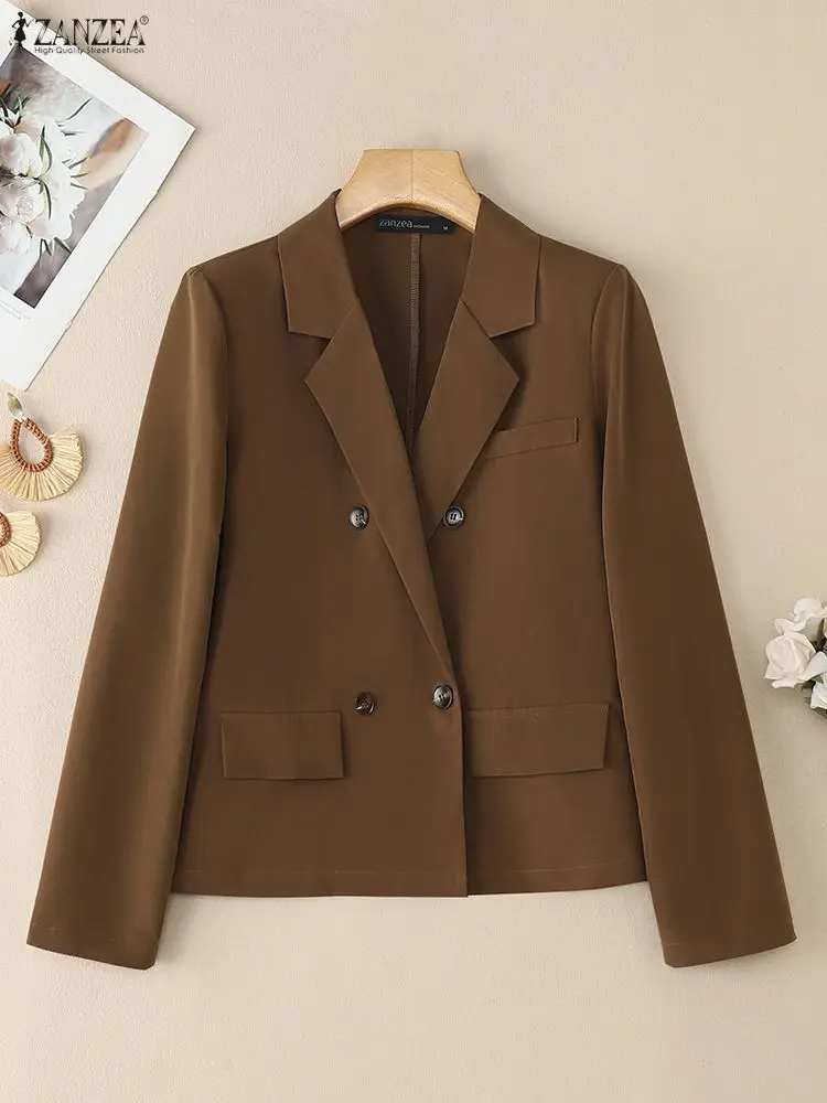 سترة ZANZEA خفيفة الوزن غير رسمية للسيدات أنيقة برقبة على شكل طية صدر وأكمام طويلة مزدوجة الصدر بلون سادة سترات مكتب FW 2025