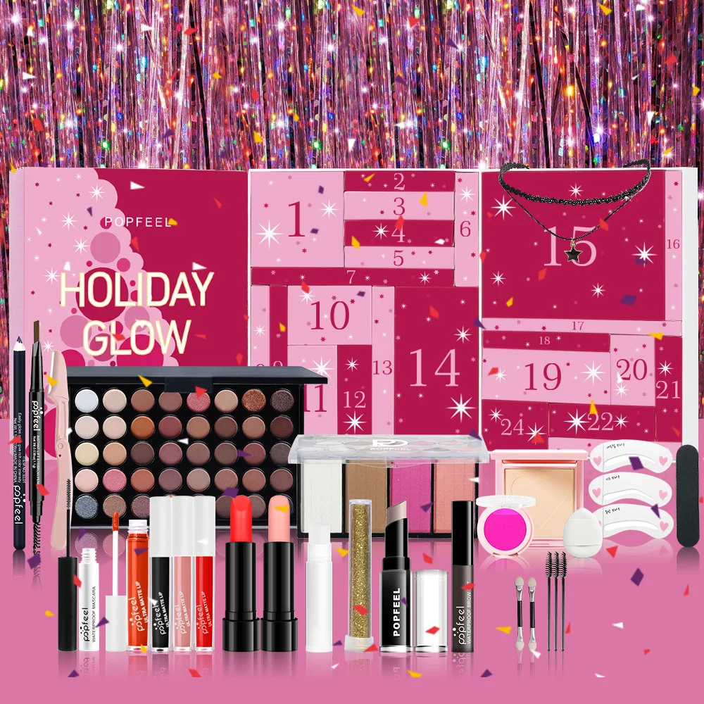 Set trucco per il conto alla rovescia di Natale Rossetto Ombretto Cosmetici Confezione regalo per calendario dell'Avvento di bellezza per le vacanze da 24 pezzi per donne e ragazze