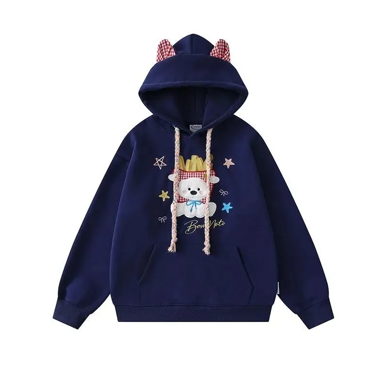 Fuzzy Embroidered Fries Dog Plaid Ears Hoodie Women Fleece Lined Loose Cute Casual Jacket