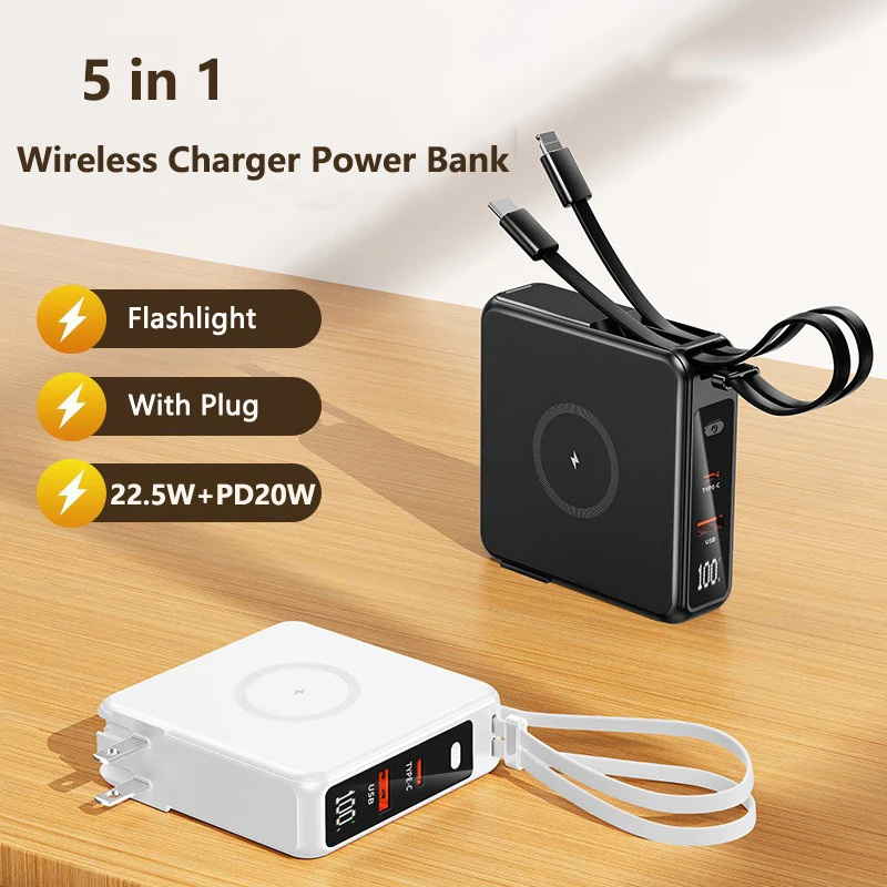 

5 in 1 Wireless Charger Power Bank 10000mAh Travel Plug Wall Charger 22.5W Fast Charging for iPhone 15 Xiaomi Samsung Powerbank