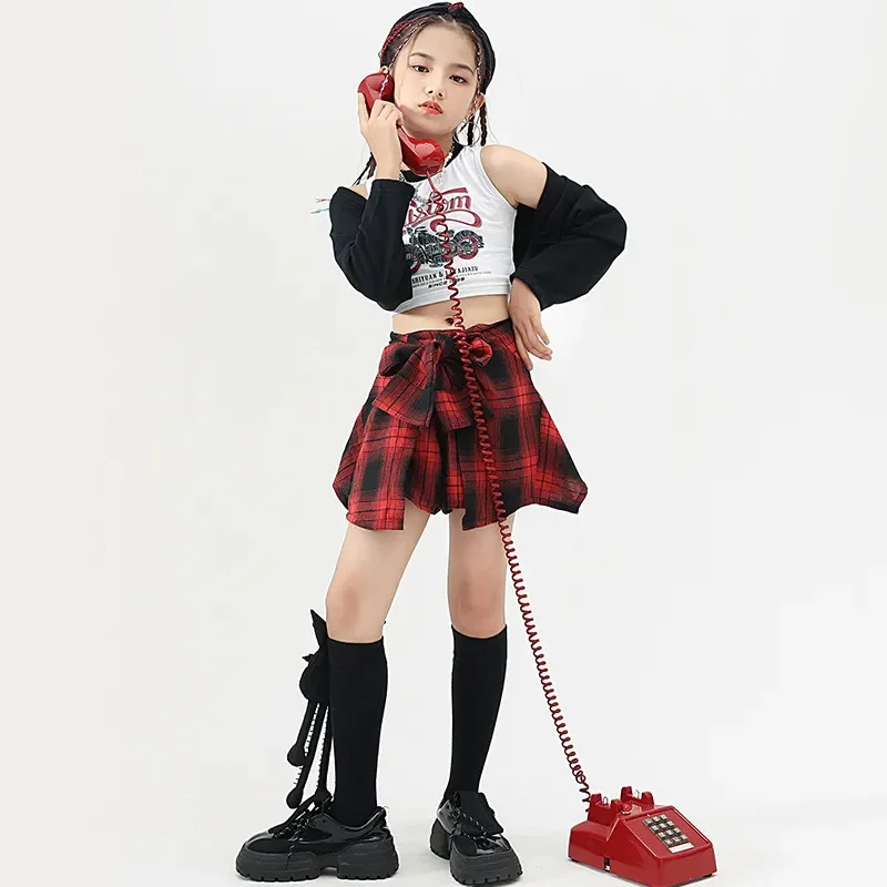 Kid Jazz Dance Outfits Korean Hip Hop Cool Long Sleeve Shawl Vest Plaid Short Skirt Set Urban Girls Model Fashion Show Costumes