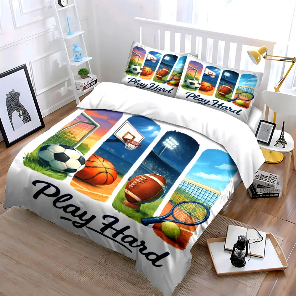 Sports Elements and Vibrant Design Pattern Duvet Cover Set Digital Print Colorful Polyester Bedding with Zipper Closur for gifts