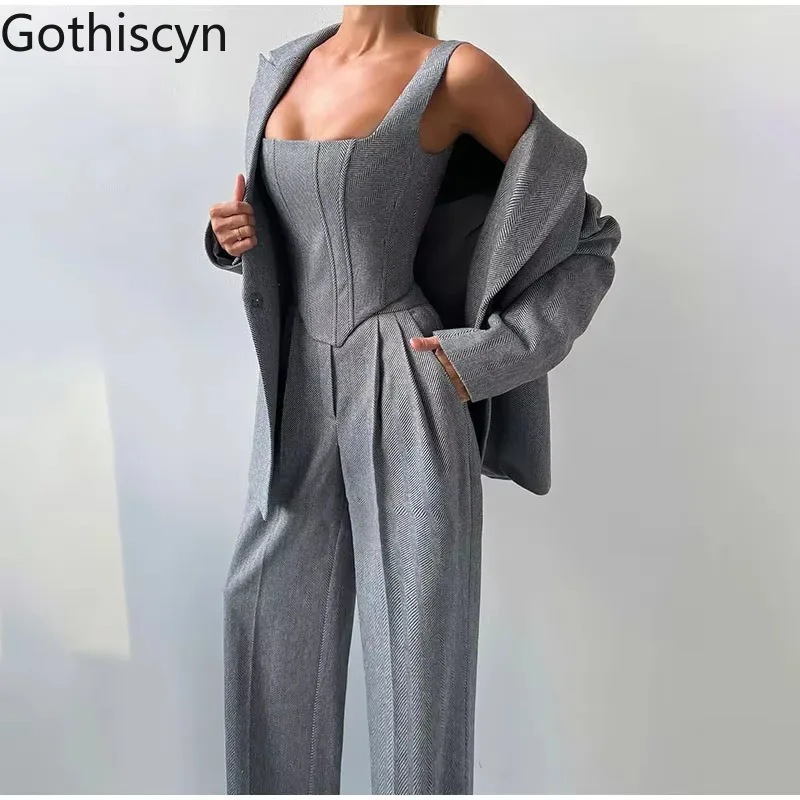 

Gothiscyn Elegant Suit Women's Autumn Lace-up Jacket Square Collar Camisole High Waisted Pants Three-piece Set Female Clothes
