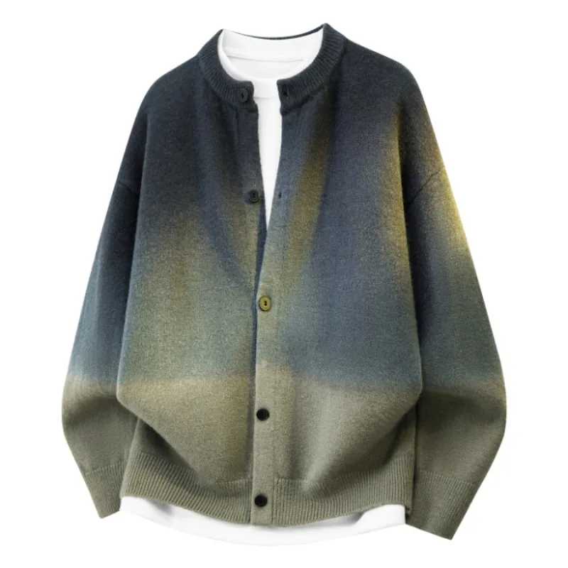 Men Autumn New Loose Casual Fashion Gradient Color Simple Sweater Teenagers Knit Cardigan Soft Daily Wear Knitted Top