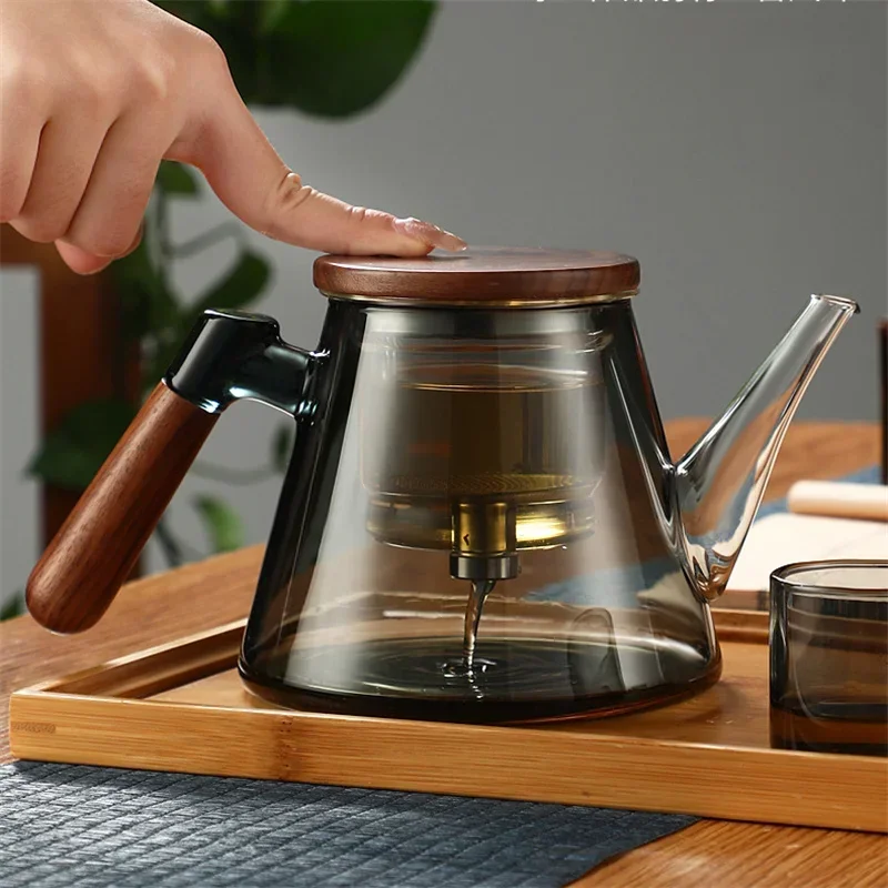 Easy One Click Tea Separation Filtration Glass Teapots With Wood Handle 850ml Tea Water Separation Tea Pot With Infuser Filter