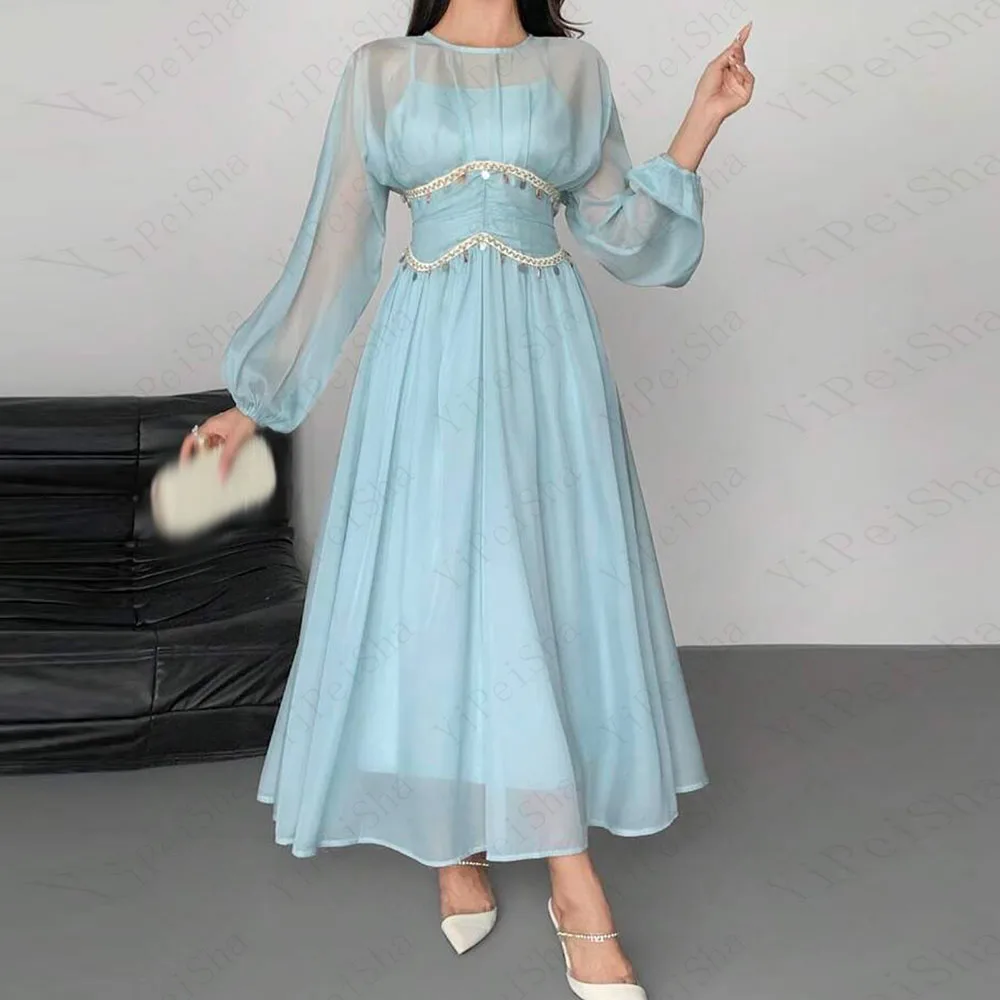 

Customized Casual A-Line Prom Dresses Ankle-Length O-neck Full Sleeve Evening Gown Simple Fashion Sequined Draped Party Gown