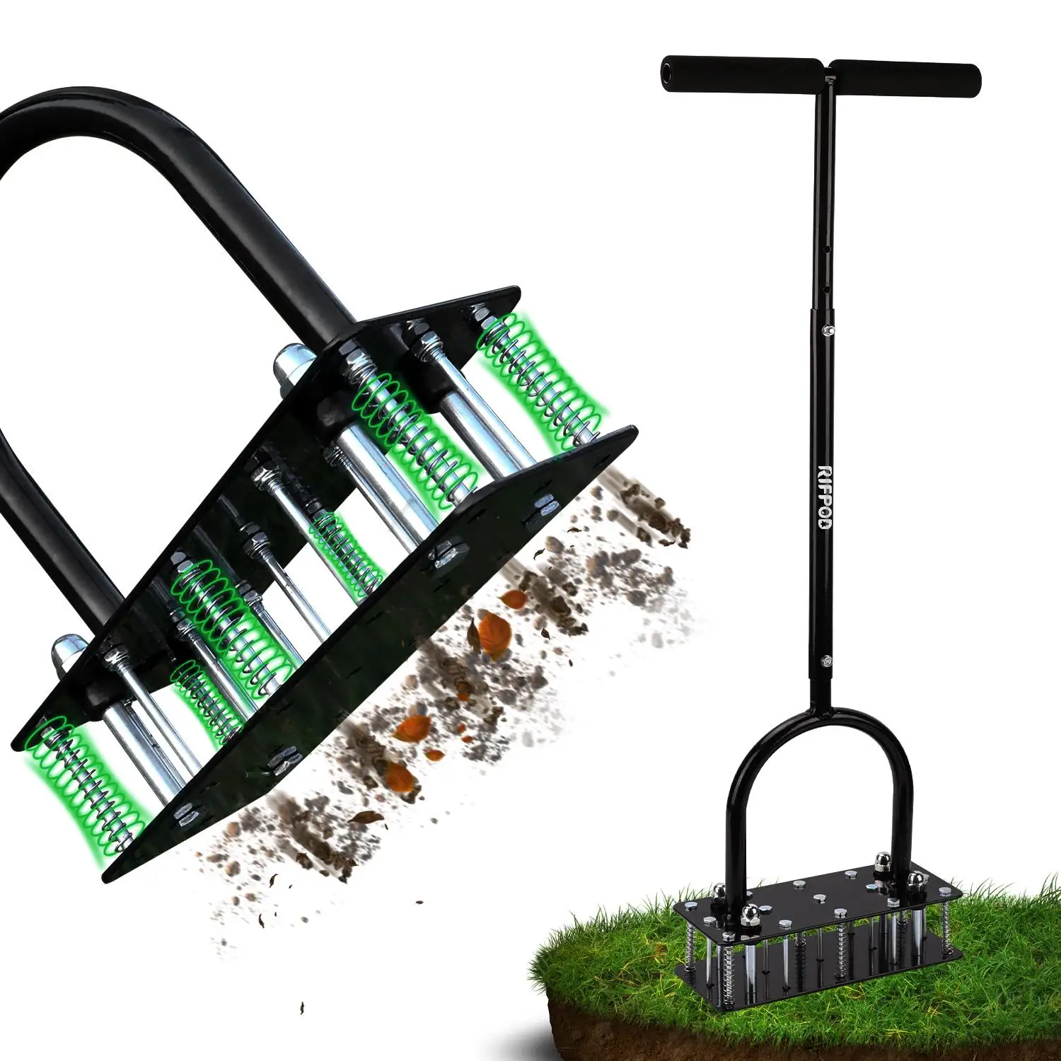 Heavy Duty Lawn Aerator Tool 15 Iron Spikes Adjustable Height Grass Aerator for Yard Garden Soil Loosening Renovation Self-Cleaning Metal Spring Design Deep Permeation Revives Lawn Health Gardening Equipment