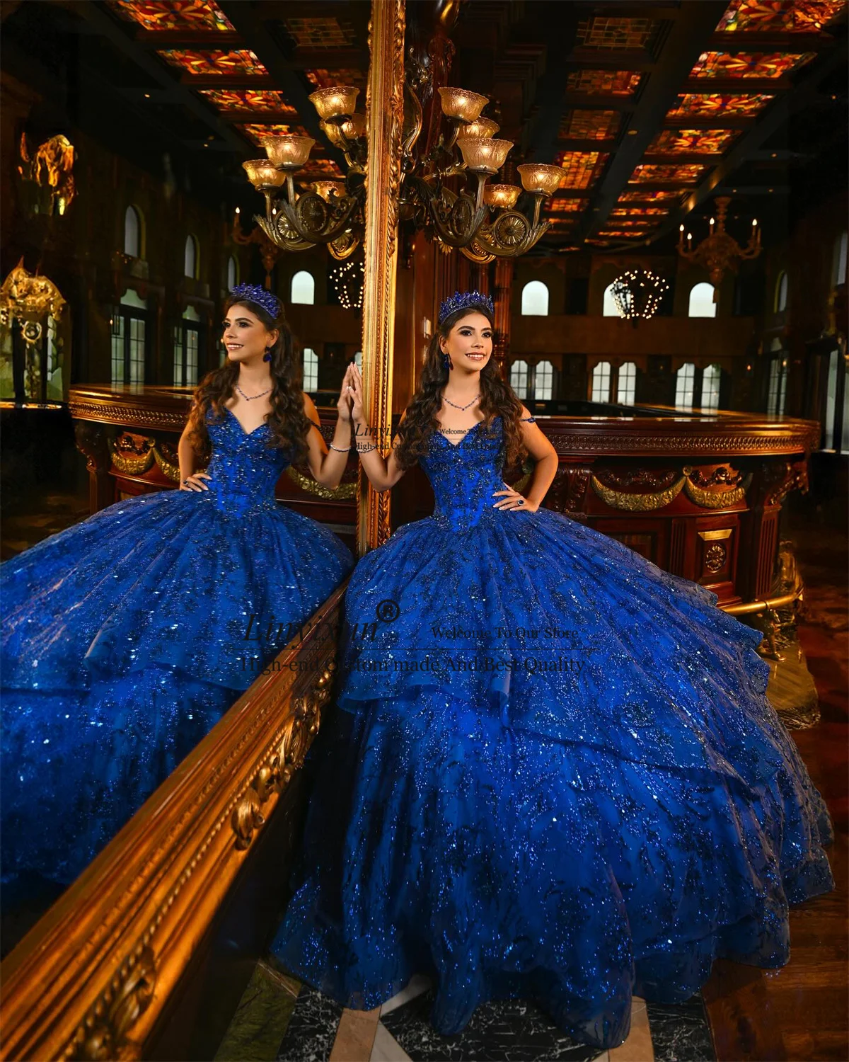 Mexican Ball Gown Royal Blue Quinceanera Dress Shiny Sequins Beaded Corset Sweet 16 Dress Tiered Court Train Vestidos De 15 Años