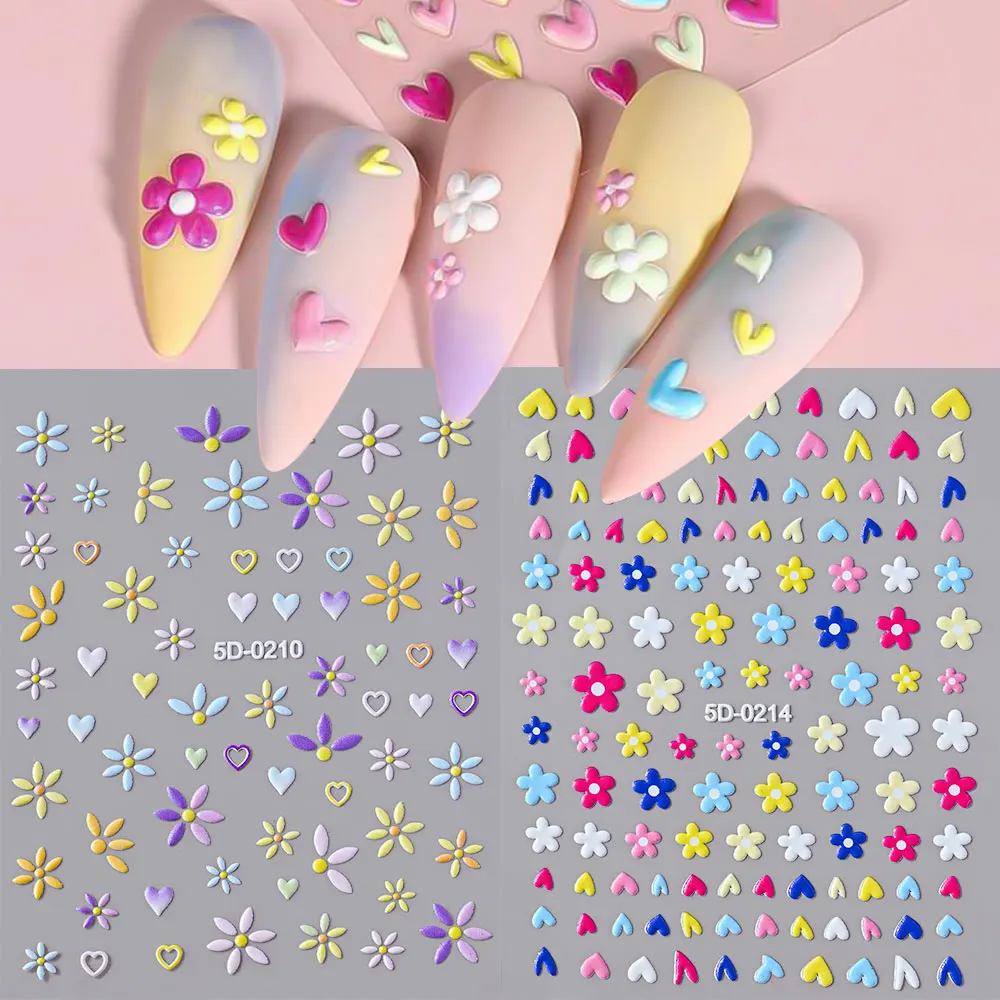 6pcs 꽃 데이지 네일 스티커 트위터 세트 5D 핑크 화이트 귀여운 데이지 작은 꽃 네일 데칼 접착제 여름 꽃 손톱