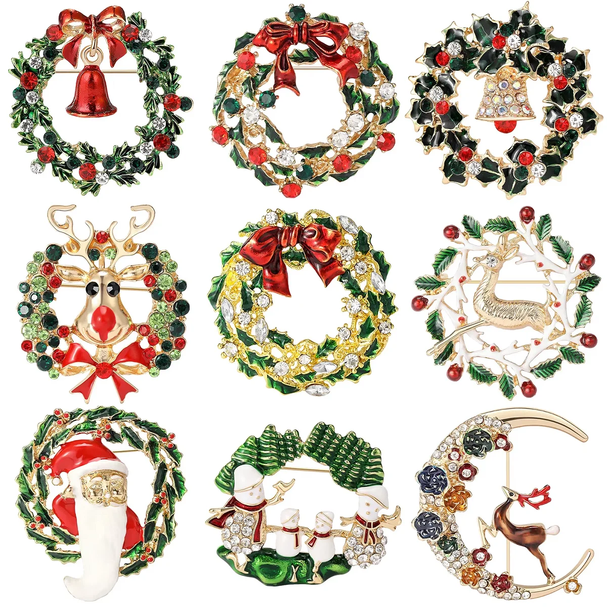 Christma’s Enamel Wreath Brooches for Women Unisex Rhinestone Bell Plant Pin Event Party Backpack Decoration Clothes Accessories