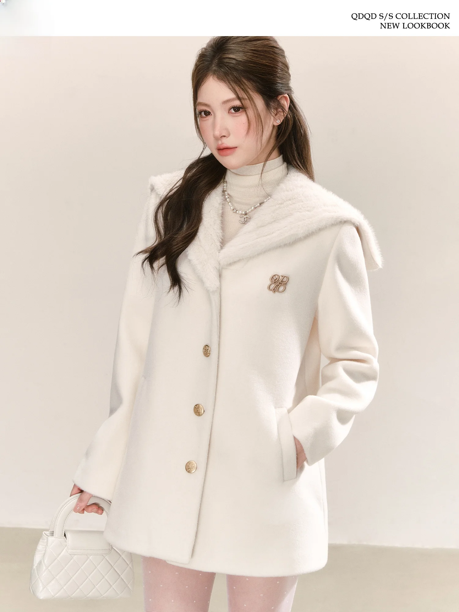 

QDQD Thousand Gold Feel Navy Collar Cotton Blend Woolen Coat Women's A-Line Waist-Cinching Belted Mid-Length Coat for Autumn ...