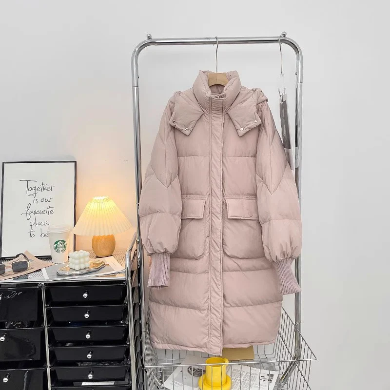 Schinteon Women White Duck Down Jacket with Hood Autumn Winter Warm Outwear Casual Over Size Loose Knitting Patchwork Coat 2023