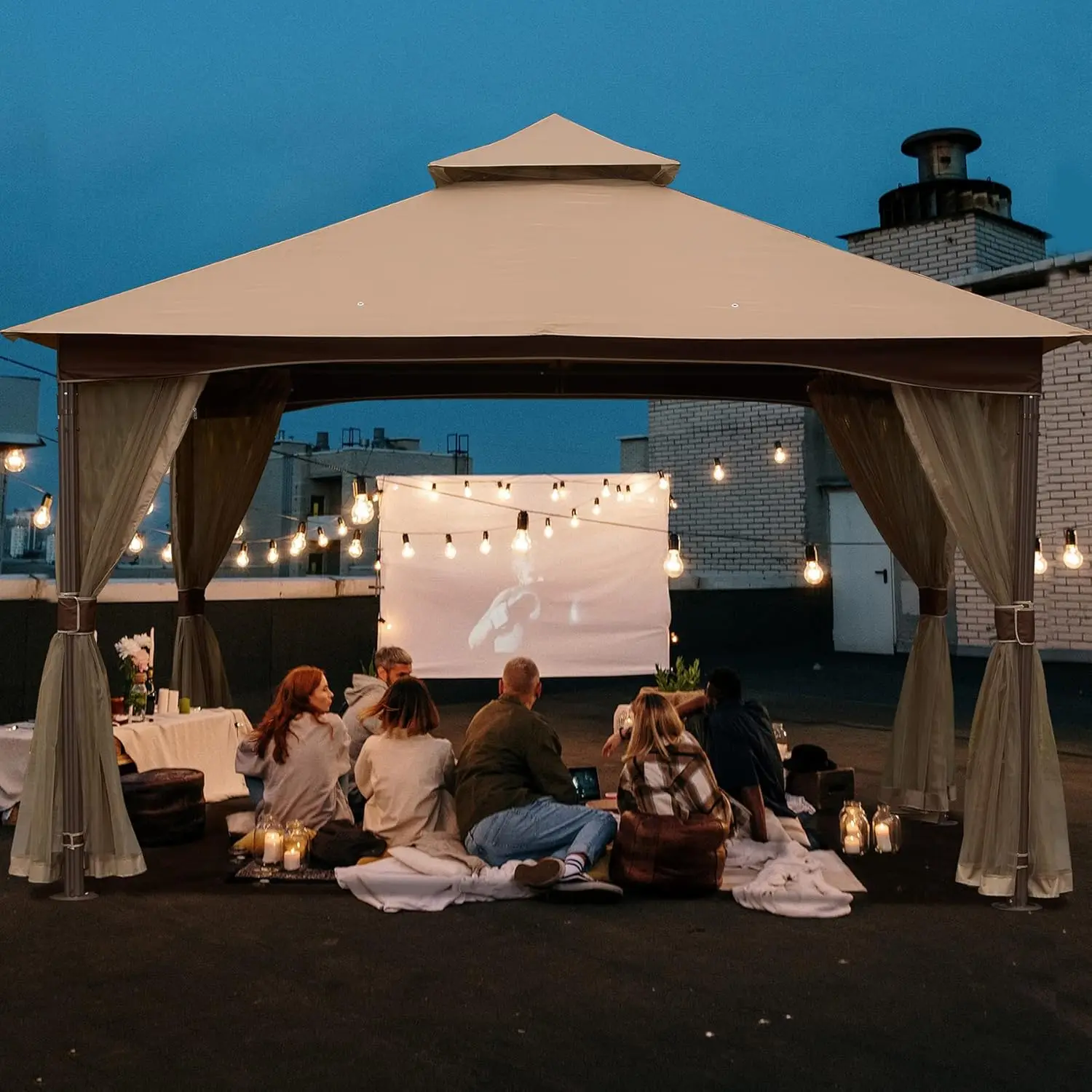 10' x 13' Outdoor Canopy with Mosquito Netting, Double Roof Soft Top Gazebo Pergola,  Backyard, Garden, and Lawn