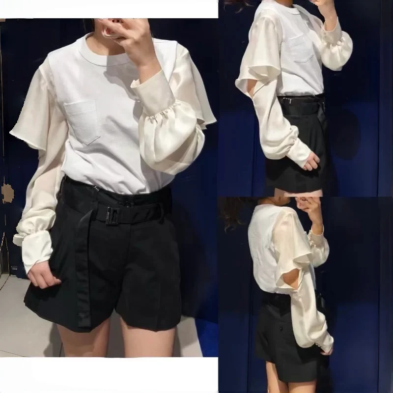 SAC Japanese 26spring splicing casual loose round neck long-sleeved T-shirt
