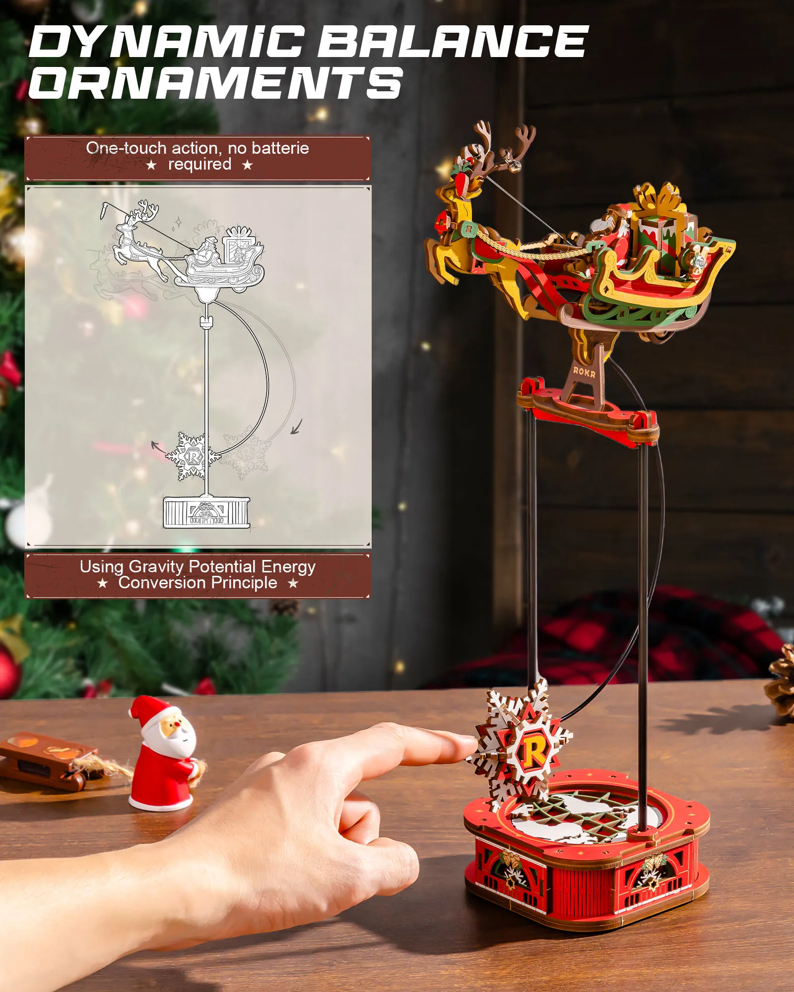 ROKR Wooden 3D Puzzle Santa on Sleigh Pendulum Dynamic Balance Toy 141-Piece DIY Model Building Kit for Desktop Decor Gift for Adults Kids