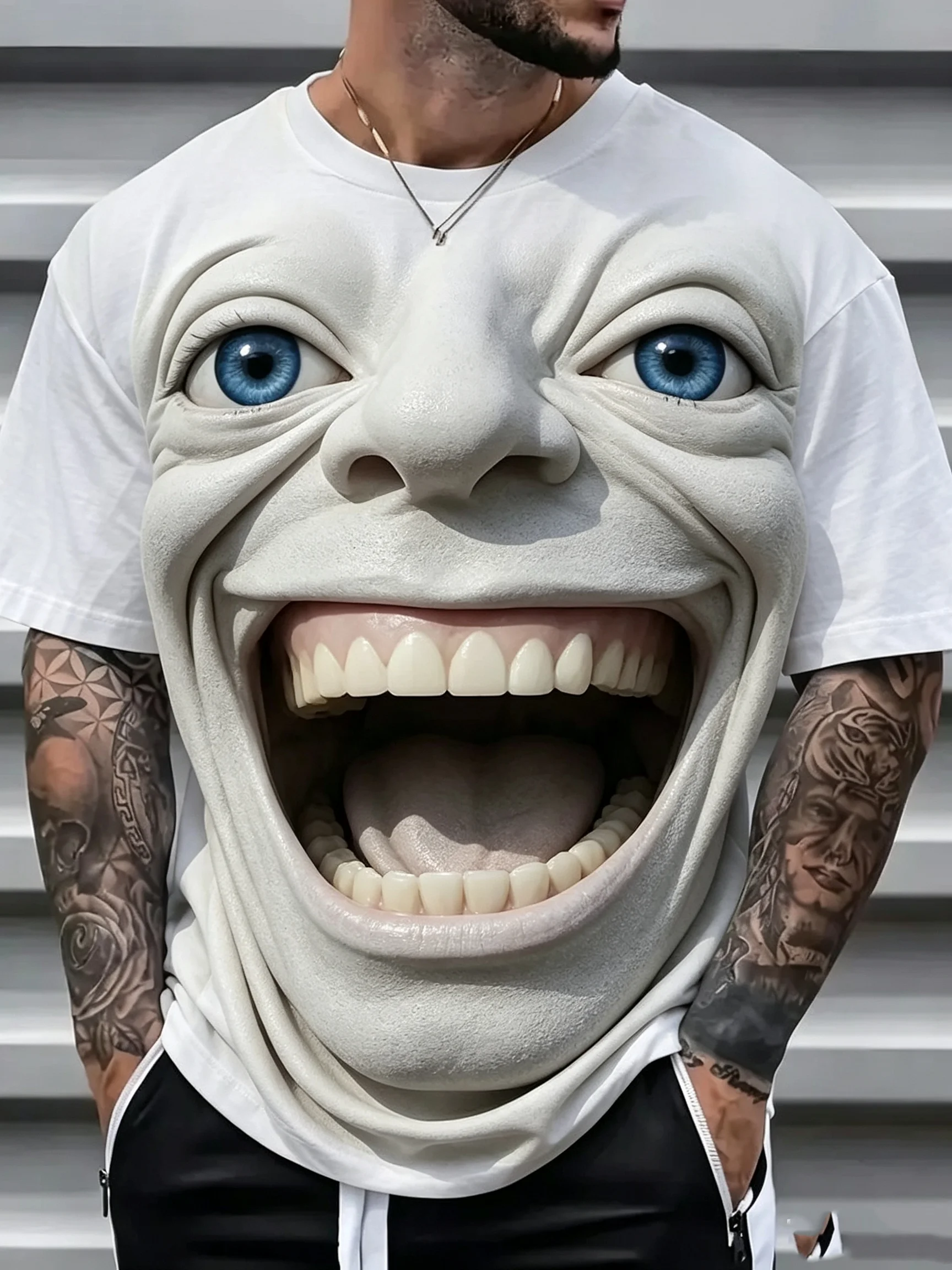 3D Terrifying Face Open Mouth Print Men's T-shirts Fashion Daily Short Sleeve T shirts Casual Crew Neck Y2k Tops Summer Clothing