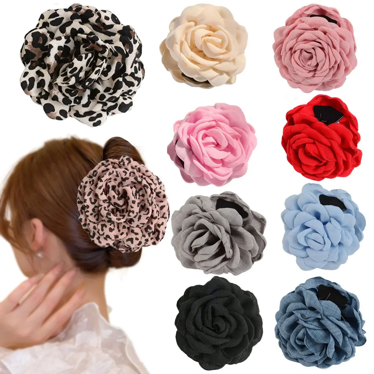 Vintage-Haarspange aus einfarbigem Stoff, modisches Haaraccessoire für Mädchen, dreidimensionale Rosenblüten-Haarspange für Damen, elegante Haarspange im Hai-Design, handgefertigte Haarspange mit Stoffblume, Damen-Haaraccessoire. – Detail 8