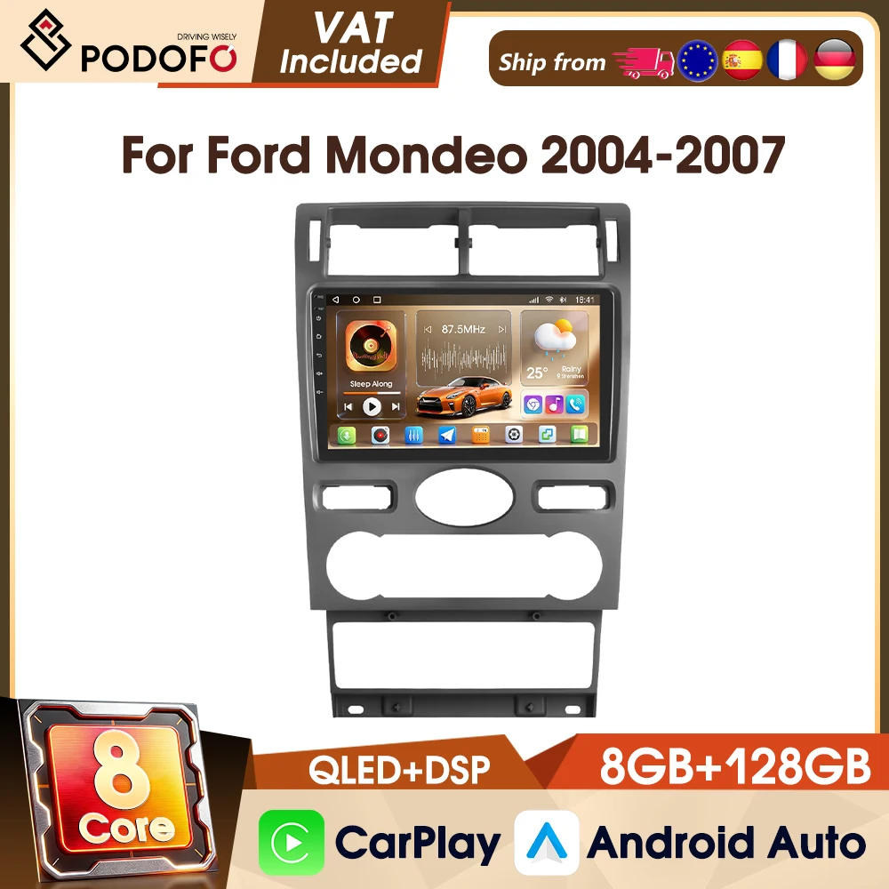 Podofo 9" Universal 8-Core 8+128G 2 Din Autoradio Stereo für Ford Mondeo 2004-2007 4G Auto-Multimedia-Videoplayer WIFI GPS FM RDS IPS-Bildschirm Autoradio