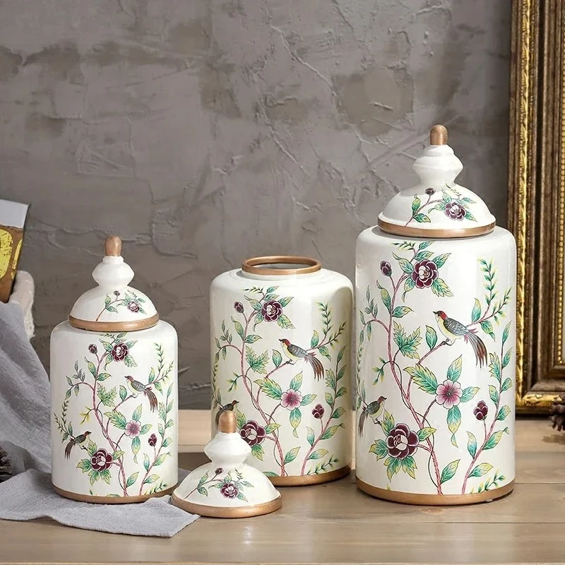 Vintage European Flower and Bird Ceramic Storage Jar Vase Decoration Porcelain Art Crafts Tea Coffee Beans Candy Storage Jar New